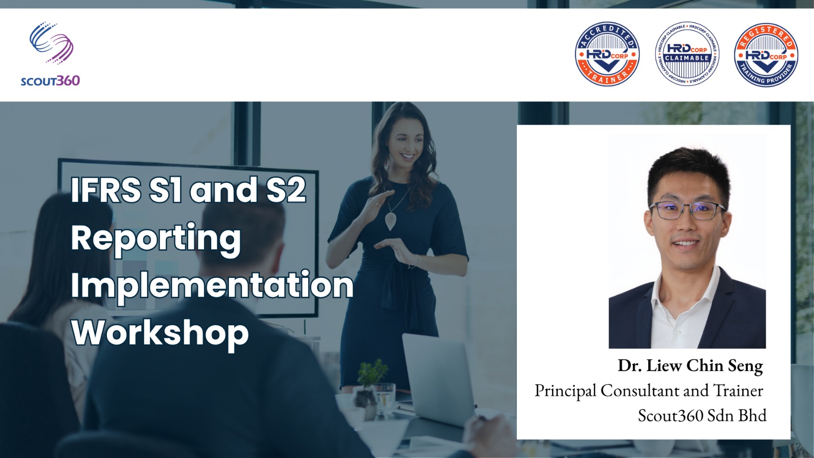 IFRS S1 and S2 Reporting Implementation Workshop banner, with trainer Dr. Liew Chin Seng and HRD Corp marks.