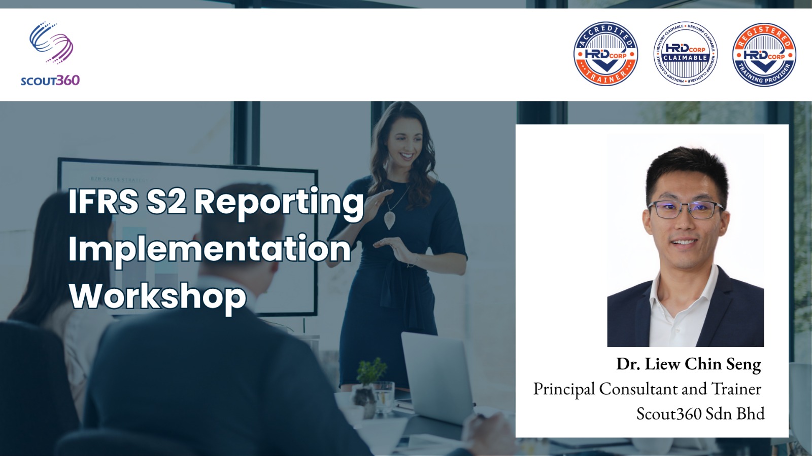 IFRS S2 Reporting Implementation Workshop banner, with trainer Dr. Liew Chin Seng and HRD Corp marks.