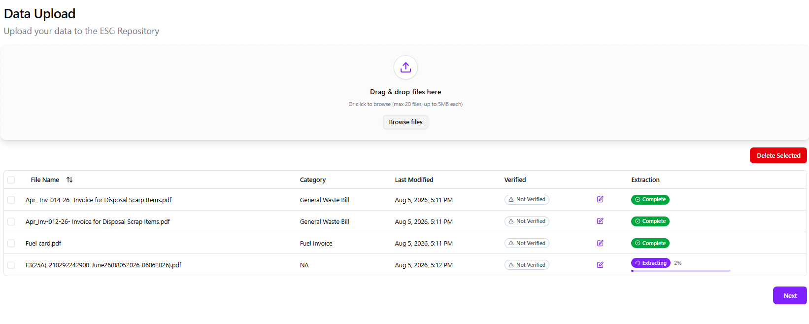 Scout360 upload screen: a drag-and-drop area above uploaded documents showing category, status and extraction progress.