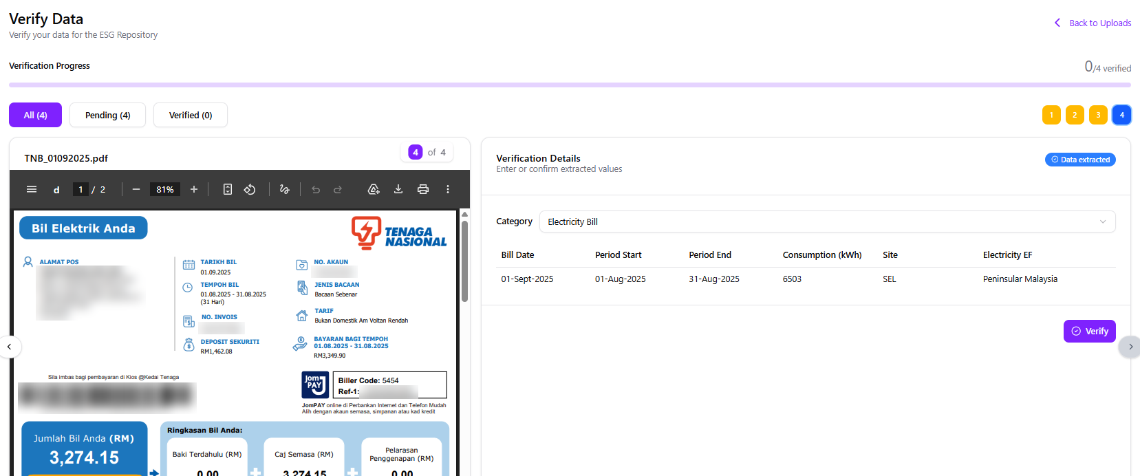 Scout360 verification screen: an electricity bill beside the consumption, period and emission factor read from it.