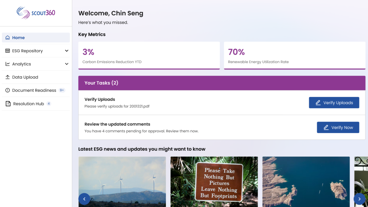 ESG reporting software dashboard for sustainability tracking with carbon emissions reduction and renewable energy utilization metrics.