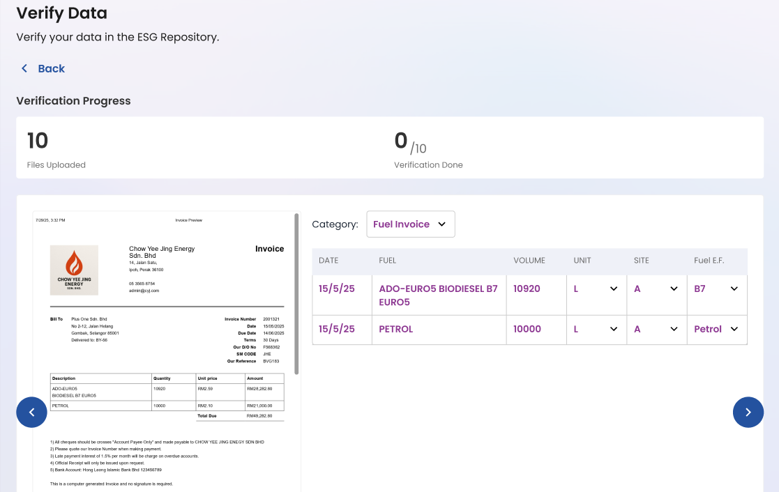 ESG reporting software fuel invoice verification screen showing biodiesel and petrol consumption data.