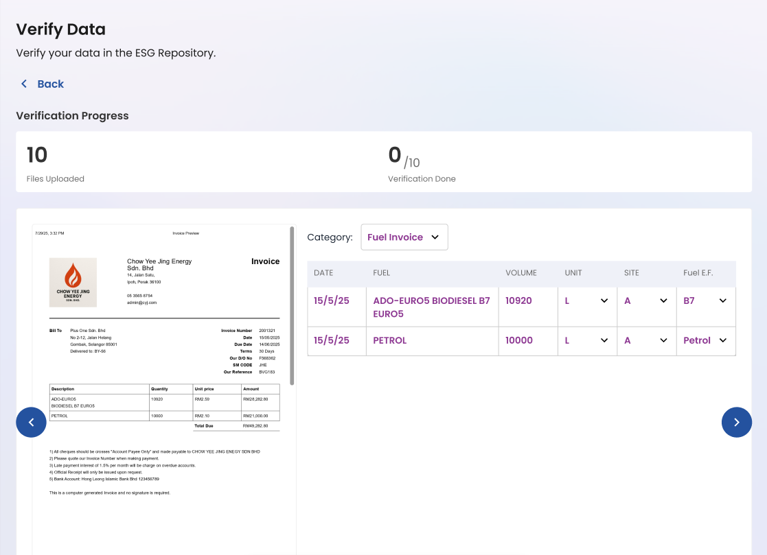 ESG reporting software fuel invoice verification screen showing biodiesel and petrol consumption data.